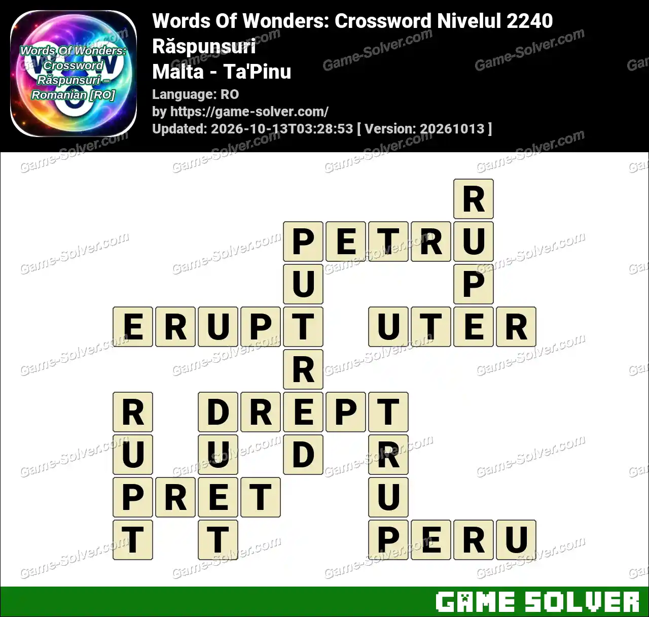 Words Of Wonders: Crossword Nivelul 2240 Răspunsuri – Malta – Ta’Pinu